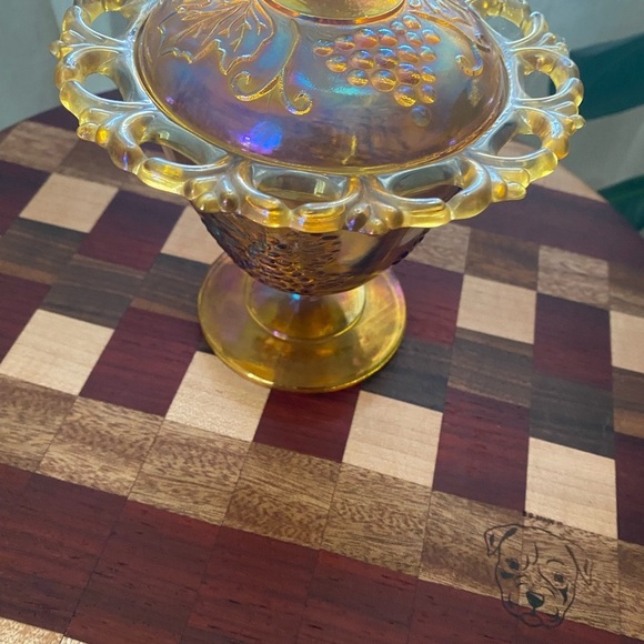 Vintage Indiana Carnival Autumn Harvest Amber Iridescent Glass Dish With Cover - Picture 10 of 10